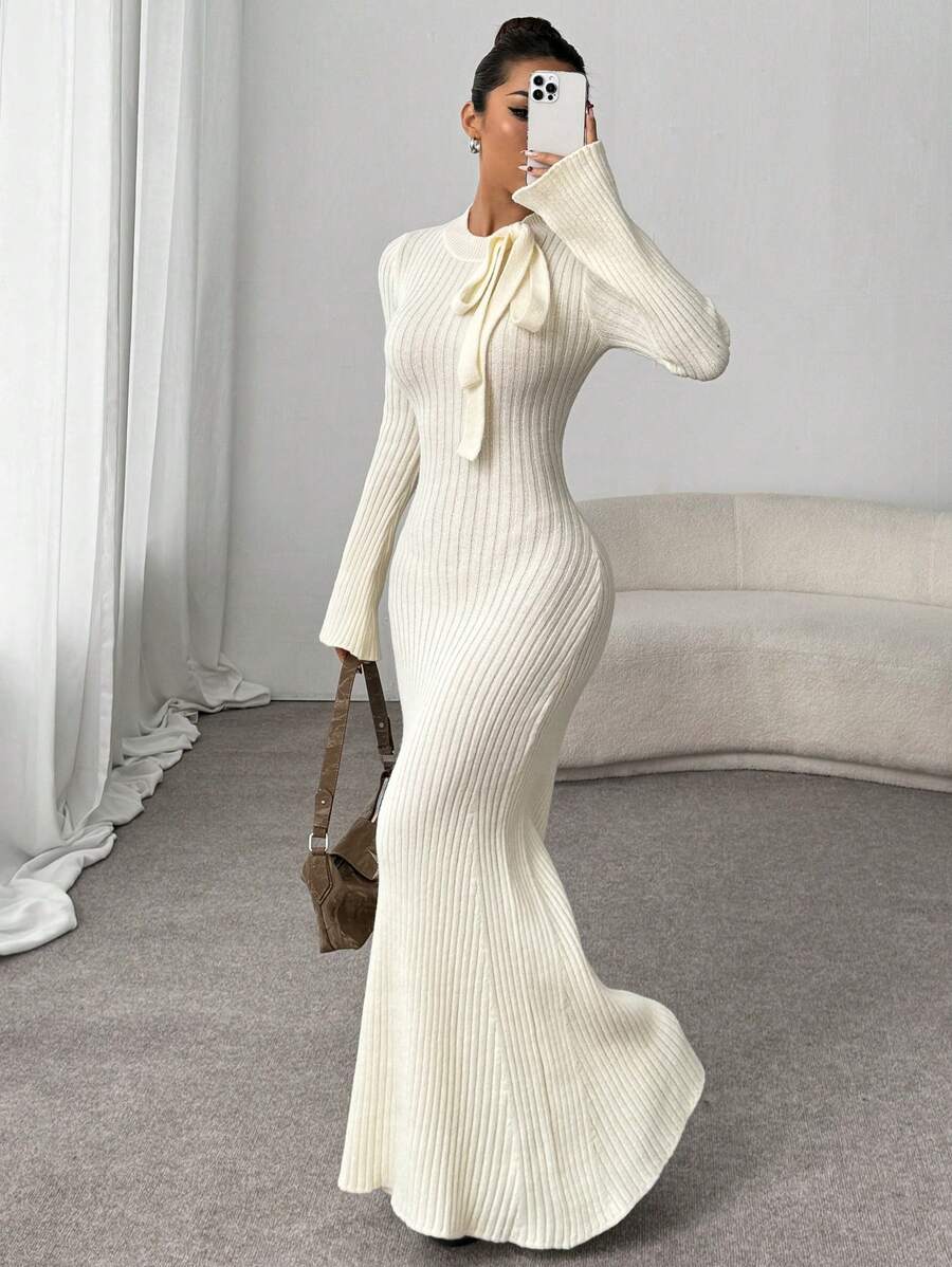 Flirla Casual Versatile Ribbed Knit Sweet Sweater Dress - Apricot - View 1