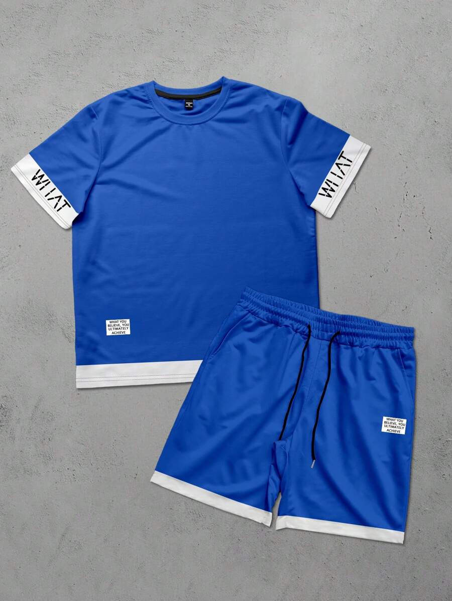 Manfinity Homme 2 件男士大码休闲日常撞色圆领短袖 T 恤和短裤套装,夏季 - 藍色 - 查看 1