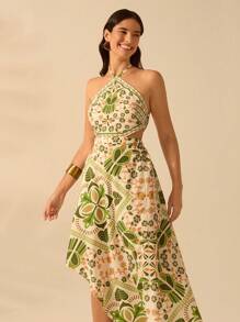 CAJUNI Women's Vacation Casual Beach Tropical Selenipedium And Azalea Prints Halter Lace Up Summer Long Dress