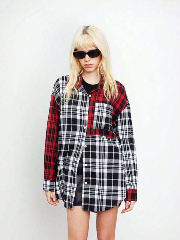 TRNVIE 1pc Women's Vintage College Style Plaid Print Patchwork Open Front Loose Long Sleeve Shirt, Autumn/Winter Fall Cloth For Women