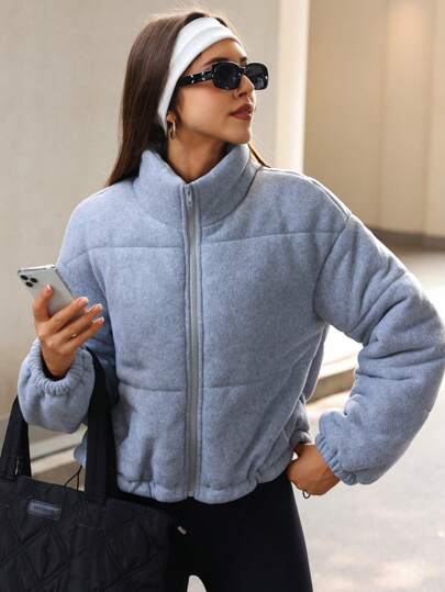 Hanevo 女士灰色花卉夹棉短款拉链夹棉外套，保暖，适合秋冬季衣服