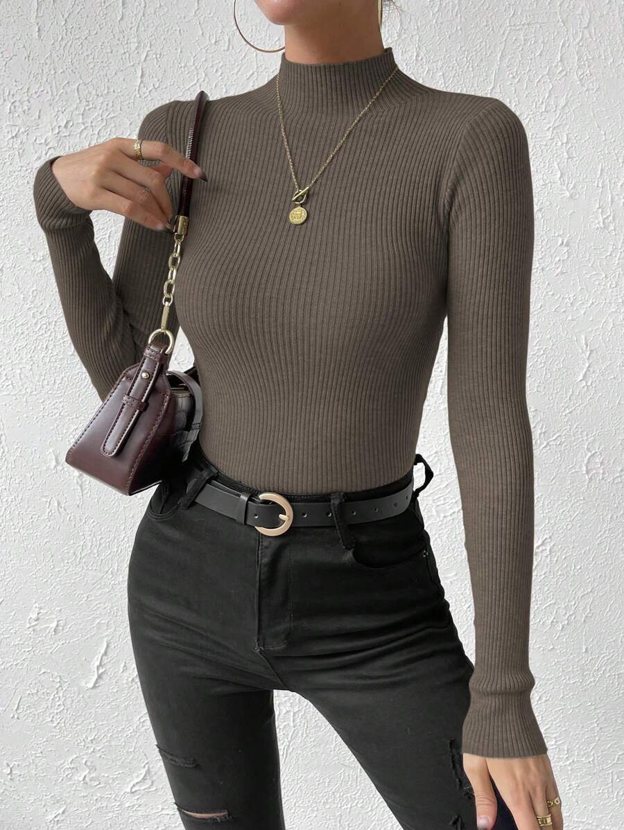 EMERY ROSE 1pc Solid Color Turtleneck Slim Fit Long Sleeve Knit Sweater For Casual And Everyday Wear, Autumn/Winter, Long Sleeve Top Knit Pullover Fall - Mocha Brown - View 1