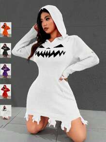 Flirla Plus Size Autumn And Winter Casual Everyday Halloween Expression Pattern Hooded Sweater Dress - White - View 1