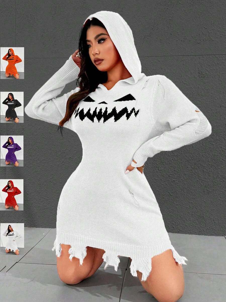 Flirla Plus Size Autumn And Winter Casual Everyday Halloween Expression Pattern Hooded Sweater Dress - White - View 1