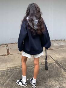 DAZY Loose Fit Fleece Contrast Color Panel Letter Print Hoodie For Women,Long Sleeve Tops,Fall Clothes Sweatshirt,Winter - Navy Blue - View 4