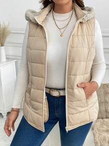 SHEIN LUNE Áo khoác dày dặn, tối giản, có khóa kéo, cỡ lớn, phù hợp cho mùa đông, Lễ Tạ ơn, Năm mới, mùa đông, phụ nữ sành điệu. - Màu be - Xem 6