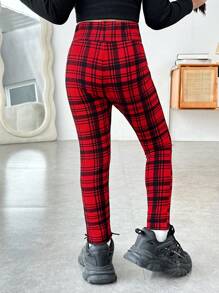 NovaGlow Young Girl Everyday Casual Christmas Plaid Knit Leggings - Red - View 2