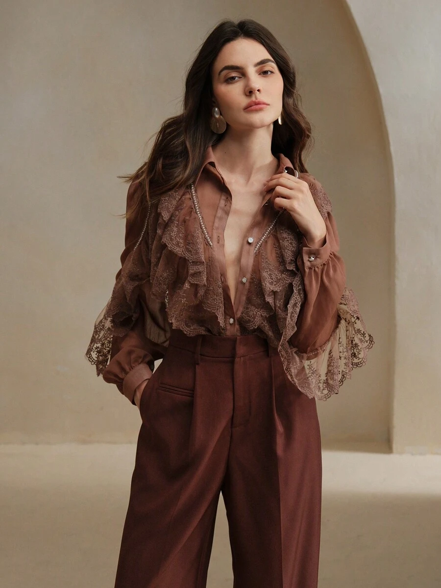 Anewsta 女士长袖蕾丝边刺绣珠饰美人鱼雪纺衬衫女式衬衫 - 棕色 - 查看 1