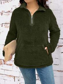 SHEIN LUNE Plus Size Casual Solid Color Fluffy Stand Collar Top, Autumn/Winter - Green - View 3