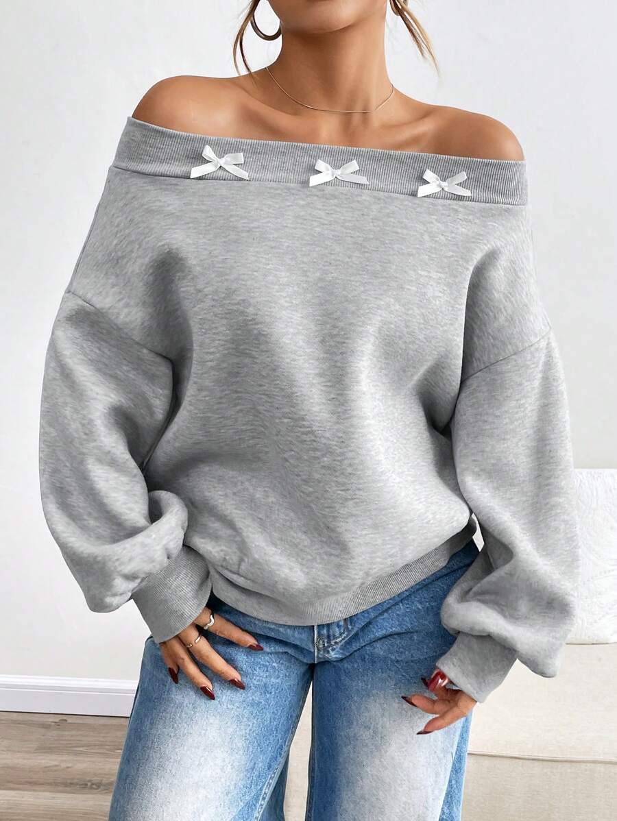 INAWLY 女士蝴蝶结露肩长袖休闲运动衫 - 淺灰色 - 查看 1