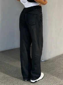 MYOURSA Women's Low-Rise Straight Leg Washed Jeans, Loose Fit, Casual Commute Daily Wear, Solid Black Spring - Black - View 2