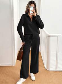 SHEIN LUNE 2 件套女士休闲拉链纹理长袖套装，舒适秋冬季 - 黑色 - 查看 6