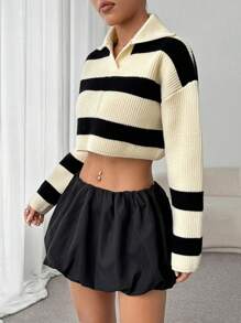 SHEIN Unity Áo len nữ dáng rộng ngắn, vai rớt, kẻ sọc, thích hợp mặc hàng ngày vào mùa thu/đông. - Đen và trắng - Xem 6
