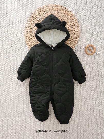 Cozy Pixies Baby Boy Baby Girl Autumn And Winter Casual Versatile Three-Dimensional Ear Hooded Long-Sleeved Jumpsuit Thick Thermal Lined Cute Jumpsuit