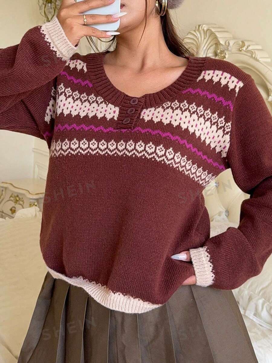 Flirla Jersey de cuello alto con botones de jacquard estilo retro