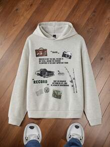 Manfinity VCAY Men's Knitted Casual Everyday English Graphic Print Hooded Sweatshirt, For Fall Winter - Grey - View 1
