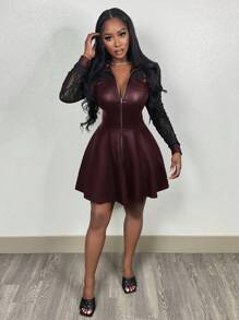 Slaydiva Gaun Bodycon PU Hitam Elegan dengan Resleting Depan dan Patchwork Renda, Potongan Hem Tinggi-Rendah, Lengan Panjang - Coffee Brown - View 4
