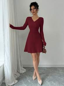 Elenzga 1pc Solid Color V-Neck Long Sleeve Casual Short Wrap-Style Dress - Burgundy - View 3