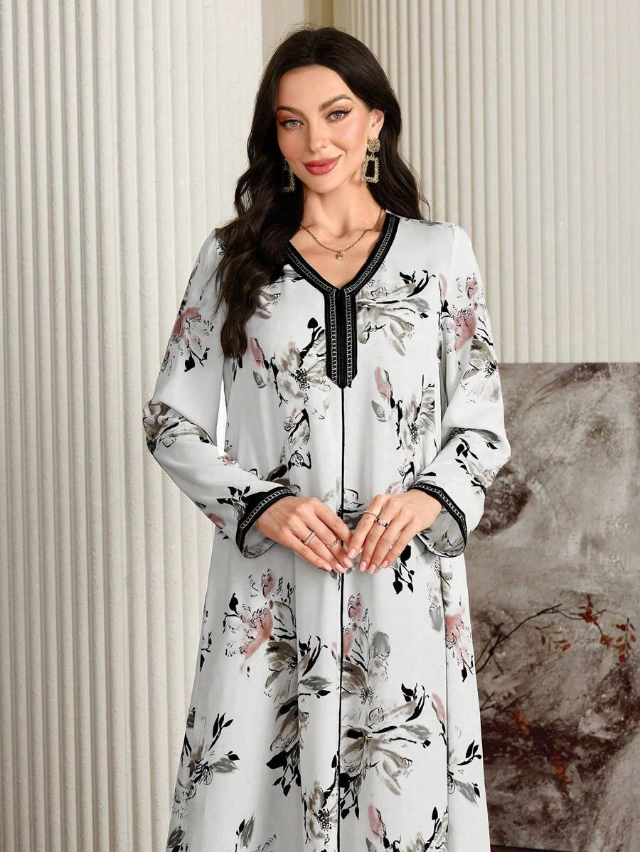 Al Najma Ladies Floral Print V-Neck Patchwork Arabian Dress, Modest Long Sleeve Elegant Tunic Kaftan Jalabiya Arabian Dresses, For Evening Party/Wedding Guest/Anniversary/Daily - Multicolor - View 1