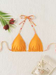 Swim Mod 1 件橙色花卉双面时尚细肩带挂脖比基尼上衣，夏季度假 - 彩色 - 查看 2