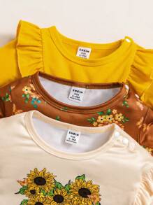 SHEIN 3pcs Newborn Baby Girl Floral Print Long Sleeve Top Set, Autumn , Fall Clothes - Multicolor - View 4