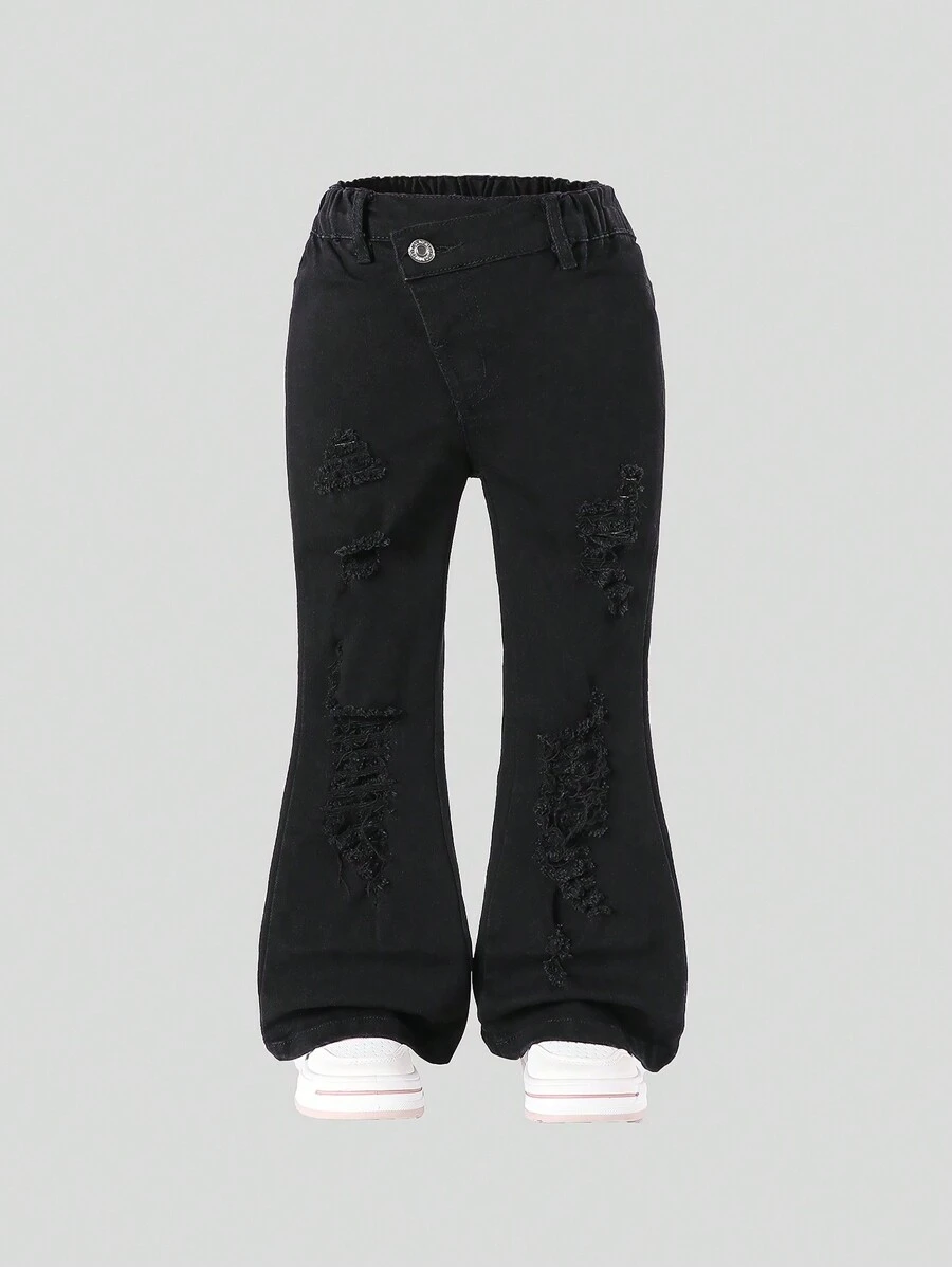 Young Girl Elastic Waist Personalized Oblique Design Distressed Ripped Denim Flare Pants - Black - View 1