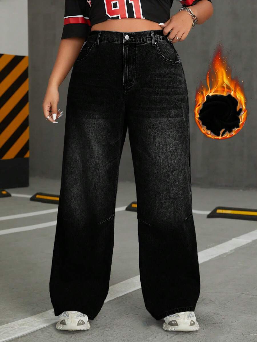SHEIN ICON 加大码前扣口袋保暖内衬感恩节圣诞节休闲宽松阔腿牛仔裤 - 黑色 - 查看 1