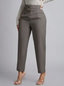 SHEIN PETITE 春季女式束带锥形裤 - 淺灰色 - 查看 5