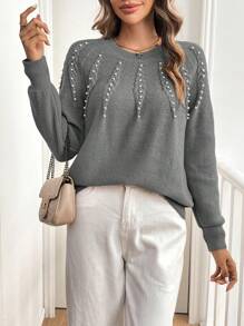 SHEIN Clasi 1 chiếc áo len nữ cổ tròn tay dài đính ngọc trai, kiểu dáng thường ngày, thích hợp mặc mùa thu đông. - Xám - Xem 6
