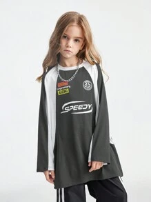 SHEIN Tween 女童秋季学院风街头运动服 Blockcore 足球超大 T 恤，适合返校季 - 灰色 - 查看 5
