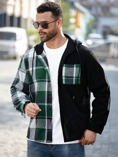 Manfinity Homme Men Plus Size Plaid Print Splice Front Button Long Sleeve Pocket Casual Corduroy Panel Shacket, Fall