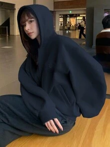 DAZY 女士刺绣图案纯色连帽拉链运动衫，秋季服装 - 藏蓝色 - 查看 1