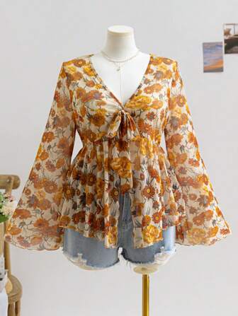 Soleia Damen Große Größen Vintage Blumen Muster V-Ausschnitt Langarm Top mit Schleife vorne, leichte Strickgewebe-Optik, geeignet für Herbst/Winter Oberbekleidung