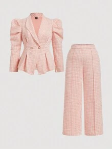 SHEIN MOD 秋冬大码前扣长袖简约休闲两件套上衣和裤子 - 粉色 - 查看 1