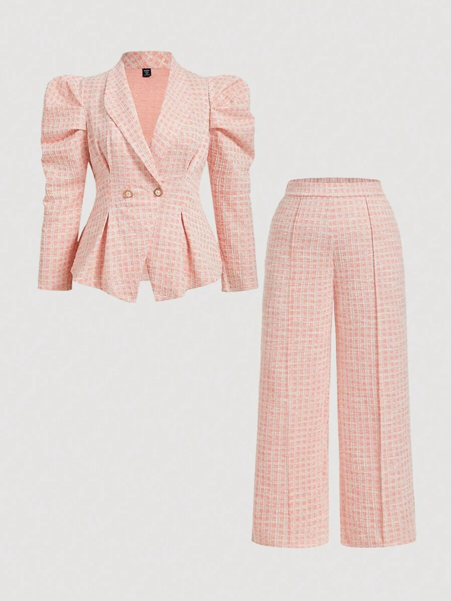 SHEIN MOD 秋冬大码前扣长袖简约休闲两件套上衣和裤子 - 粉色 - 查看 1