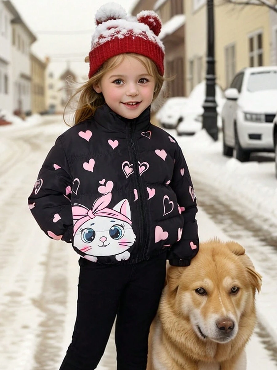 Young Girls' Pink Cat Heart Printed Cartoon Pattern Holographic Zip Up Mock Neck Thermal Padded Coat, Warm And Comfortable Long Sleeve, Great For Casual & Daily Wear & School Daily In Autumn & Winter, For Christmas
