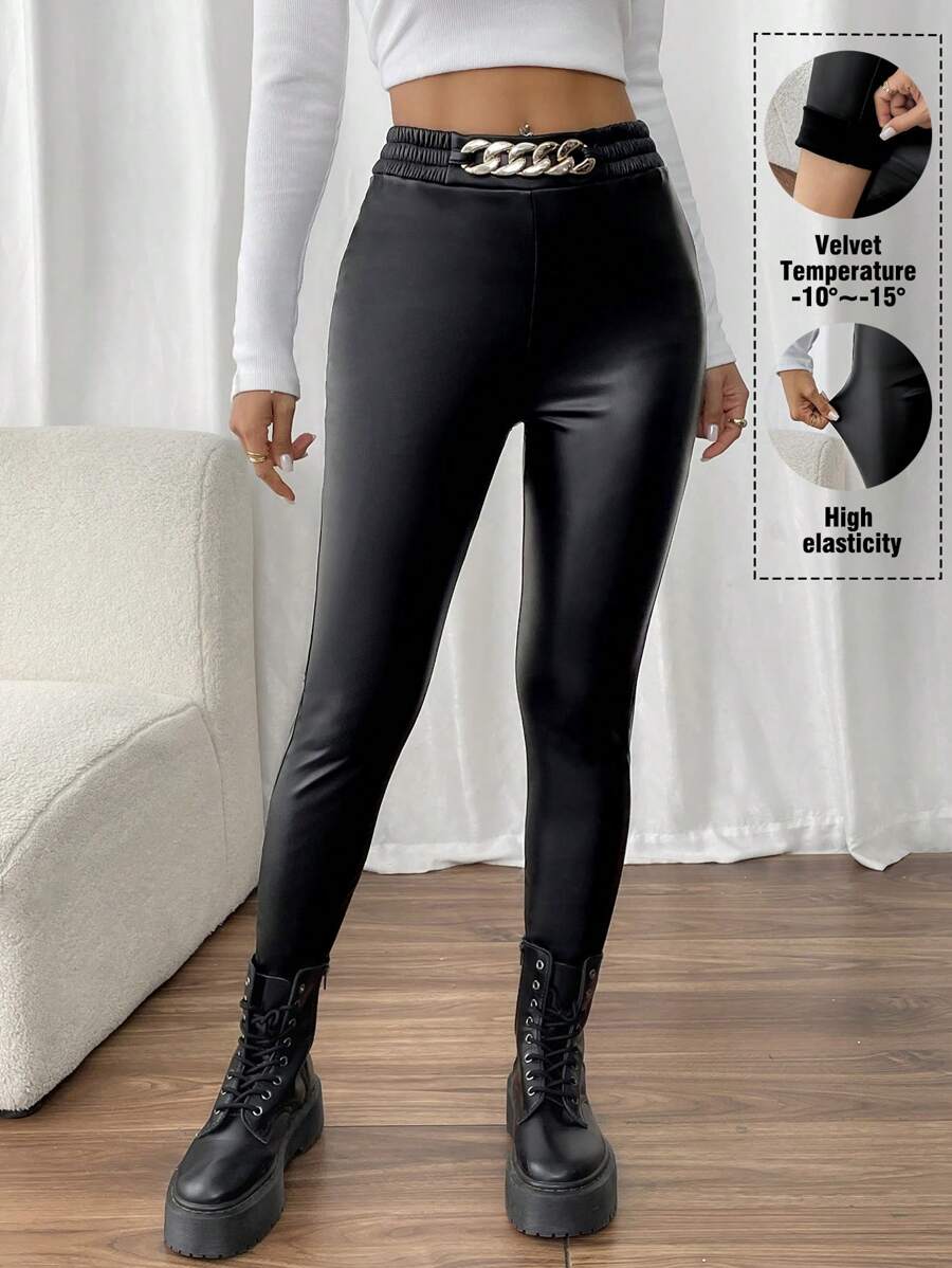 SHEIN Clasi Quần legging PU lót kim loại thời trang dành cho nữ - màu đen - Xem 1