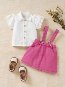 SHEIN Baby Girl Summer Denim Suspender Skirt And Solid Simple Ruffle Trim Top 2-Piece Set - Pink - View 10