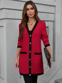 SHEIN Clasi 1pc Women Long Cardigan With Metal Button, Black And White Color, Elegant & Comfortable - Red - View 3