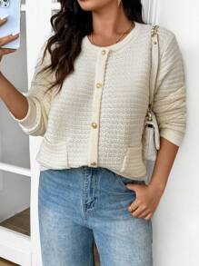 SHEIN Frenchy Plus Size Button-Less Long Sleeve Plain Casual Top With Pockets, Simple Design For Everyday Wear - Beige - View 2