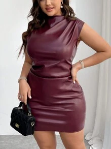 Firerie Vestido mini de unicolor con diseño asimétrico, plisado en la cintura, sin mangas y elegante estilo vintage sexy biker para mujer de talla grande, otoño/invierno