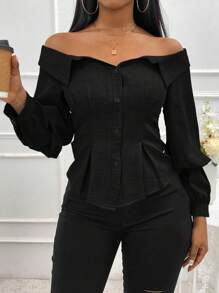 VaVaBold Áo sơ mi denim dài tay hở vai màu đen thanh lịch dành cho nữ, áo trễ vai mùa thu/đông - màu đen - Xem 6