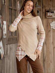 LanaWest LanaWest Damesmode Casual Losse T-shirt met Lange Mouwen, Opstaande Kraag, Knoopmanchetten, Patchwork Plaid Print, Asymmetrische Zoom, Herfst/Winter