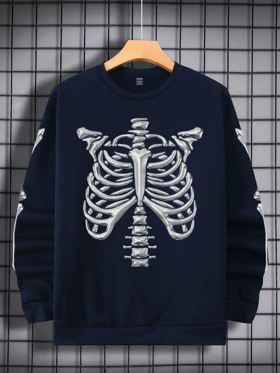 SHEIN Cottnline 100% Cotton Men Skeleton Printed Regular Sweatshirt - Navy Blue - View 1