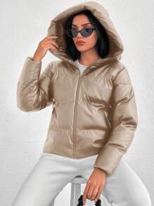 EURMUSE Petite Women's Zip Up Hooded Padded Coat Made Of PU Fabric - Apricot - View 4