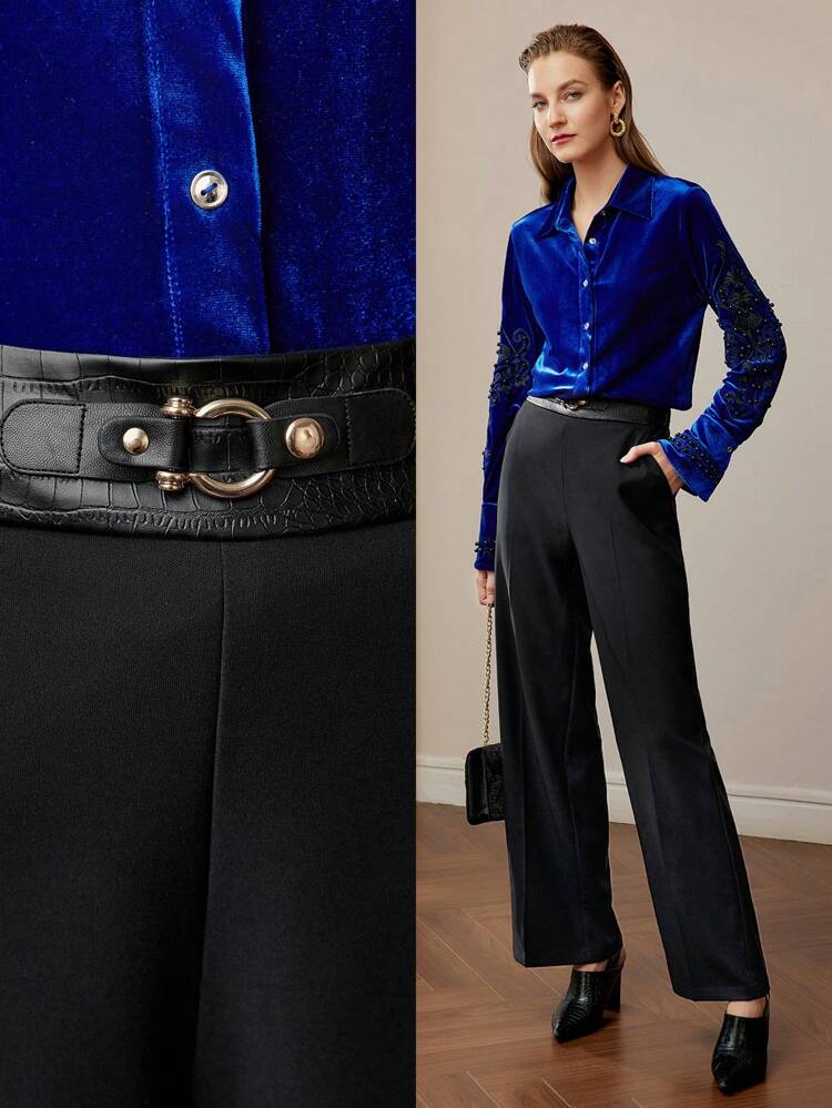 Pantaloni a zampa larga con cintura a fibbia e cucitura frontale stile coccodrillo