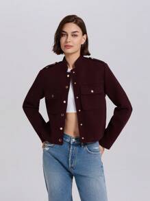 Women's Solid Color Front Button Long Sleeve Pocket Casual Short Jacket - Burgundy - View 1