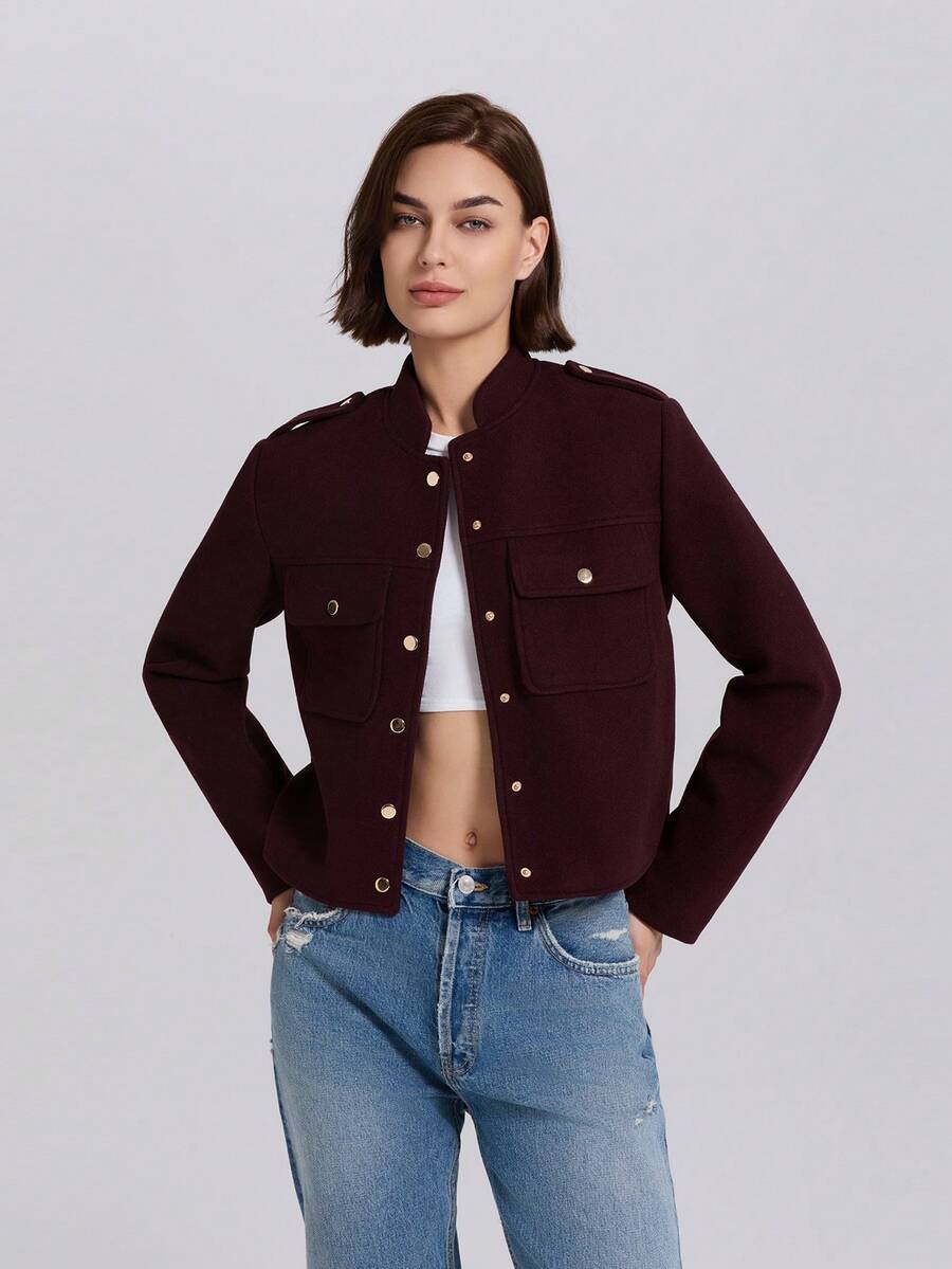 Women's Solid Color Front Button Long Sleeve Pocket Casual Short Jacket - Burgundy - View 1