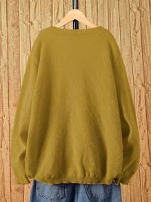 Flirla Plus Size Solid Color Front Button Long Sleeve Pocket Simple Casual Top, For Winter