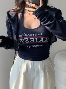 DAZY Bộ 2 áo hoodie nữ + áo ba lỗ in chữ, áo nỉ chui đầu lót nhiệt, quần áo mùa thu, lót nhiệt có khóa kéo - Màu xanh hải quân - Xem 11